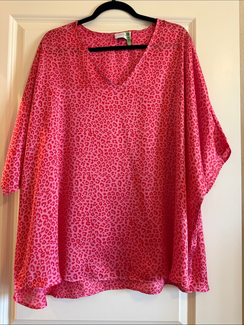 Adrienne Hot Pink Leopard Print V-Neck Blouse- Will fit up to a 1X!